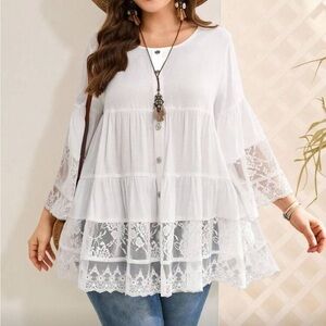 Elegant Plus Size 3/4 Sleeve Sheer Lace Patchwork White Top Blouse Shirt White